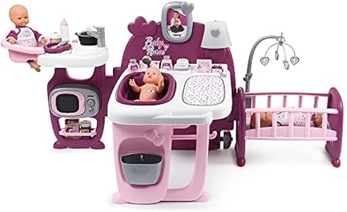 Smoby 220349 – Baby Nurse Spielcenter für Puppen – mit Puppenbett, Badewanne, Spielküche, Wickeltisch, viel Zubehör, Kinder ab 3 Jahren, rosa, lila - Kaedas