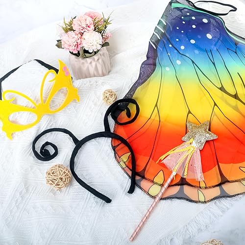Kinwers Schmetterling Kostüm Kinder,4 Stück Kostüm Schmetterling Kinder Mädchen Schmetterlingsflügel mit Maske Haarreif Gazerock,Halloween Kostüm Karneval Fasching Cosplay - Kaedas