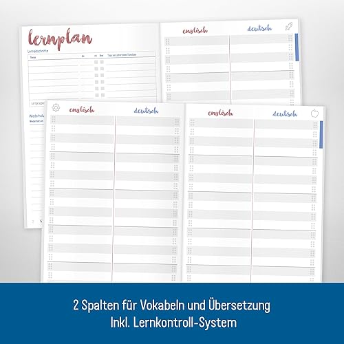 2 x Englisch Vokabelheft A5 mit 2 Spalten by Häfft | liniert 64 Seiten | mit Sprüchen, Infos zu Kultur und Umgangssprache, Grammatik, Lernkontrollsystem, Stickern u.v.m - Kaedas