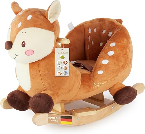 Bieco Plüsch Schaukeltier REH, 60 cm | Kinder Schaukelstuhl mit Sicherheitsgurt | Baby Schaukel | Kleinkind |Schaukelwippe ab 9 Monate | Schaukelpferd Holz - Kaedas