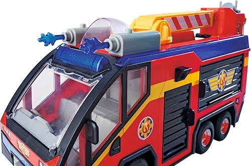 SIMBA 109252595 Feuerwehrmann Jupiter, Feuerwehrauto, Sam und Radar Figur, Leuchteffekte, Sirene, Drehleiter, Wasserpfeile, Plattform für Quad, 32cm, Zubehör, ab 3 Jahren, Rot - Kaedas