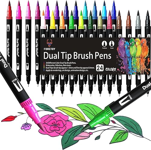 FORETOY Dual Brush Pen Set, 24 Farben Filzstifte Dicke und Dünne Pinselstifte Für Kinder Erwachsene Bullet Journal Stifte, Handlettering, Manga, Mandala, Malbücher, Fasermaler und Fineliner - Kaedas