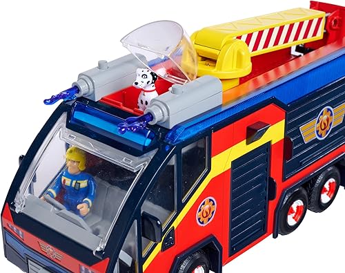 SIMBA 109252595 Feuerwehrmann Jupiter, Feuerwehrauto, Sam und Radar Figur, Leuchteffekte, Sirene, Drehleiter, Wasserpfeile, Plattform für Quad, 32cm, Zubehör, ab 3 Jahren, Rot - Kaedas