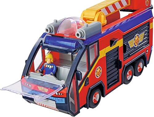 SIMBA 109252595 Feuerwehrmann Jupiter, Feuerwehrauto, Sam und Radar Figur, Leuchteffekte, Sirene, Drehleiter, Wasserpfeile, Plattform für Quad, 32cm, Zubehör, ab 3 Jahren, Rot - Kaedas