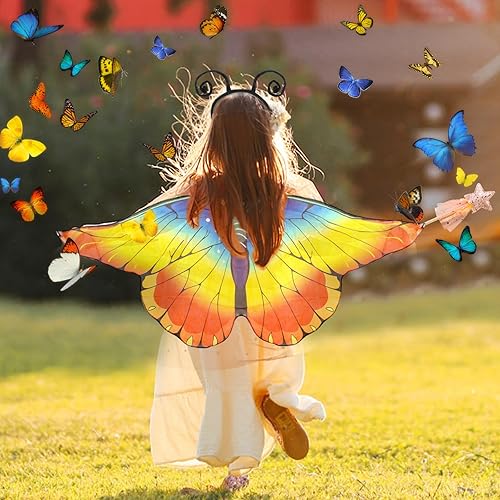 Kinwers Schmetterling Kostüm Kinder,4 Stück Kostüm Schmetterling Kinder Mädchen Schmetterlingsflügel mit Maske Haarreif Gazerock,Halloween Kostüm Karneval Fasching Cosplay - Kaedas