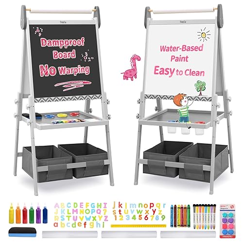 FUNLIO Staffelei Kinder von 3–8 Jahren, Anti-Warp-Board und Löschbarer Rahmen, Kindertafel mit Kreide und Magnet/Whiteboard, 3-fach höhenverstellbar, All-in-One staffeleien mit Papierrolle, Rosa - Kaedas