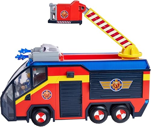 SIMBA 109252595 Feuerwehrmann Jupiter, Feuerwehrauto, Sam und Radar Figur, Leuchteffekte, Sirene, Drehleiter, Wasserpfeile, Plattform für Quad, 32cm, Zubehör, ab 3 Jahren, Rot - Kaedas