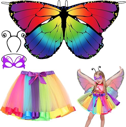 Kinwers Schmetterling Kostüm Kinder,4 Stück Kostüm Schmetterling Kinder Mädchen Schmetterlingsflügel mit Maske Haarreif Gazerock,Halloween Kostüm Karneval Fasching Cosplay - Kaedas