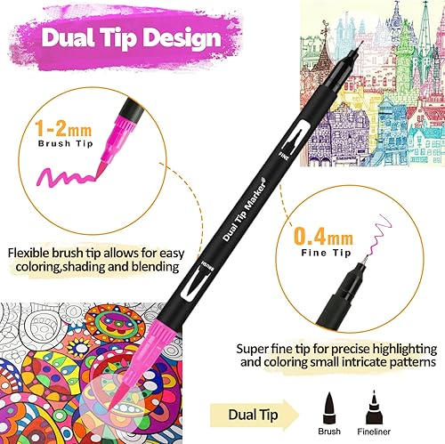 FORETOY Dual Brush Pen Set, 24 Farben Filzstifte Dicke und Dünne Pinselstifte Für Kinder Erwachsene Bullet Journal Stifte, Handlettering, Manga, Mandala, Malbücher, Fasermaler und Fineliner - Kaedas