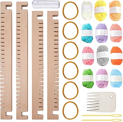 WIYETY Holz Webrahmen Set, großes 28 x 25 cm Webrahmen für Kinder, Quadratisch Webstuhl Aus Holz mit Rahmen, 12 Farben Wolle Garn, Nadel, Webkamm und Englisches Handbuch, Webrahmen für Anfänger - Kaedas