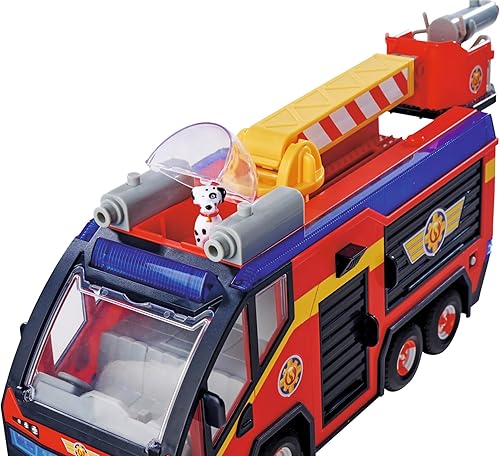 SIMBA 109252595 Feuerwehrmann Jupiter, Feuerwehrauto, Sam und Radar Figur, Leuchteffekte, Sirene, Drehleiter, Wasserpfeile, Plattform für Quad, 32cm, Zubehör, ab 3 Jahren, Rot - Kaedas