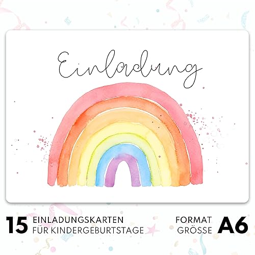 Gentle North 15 x Einladungskarten Kindergeburtstag (A6) - Regenbogen Partyeinladungen zum Kinder Geburtstag für Jungen, Mädchen, Jugendliche & Teenager - Einladungen zur Geburtstagsfeier - Kaedas