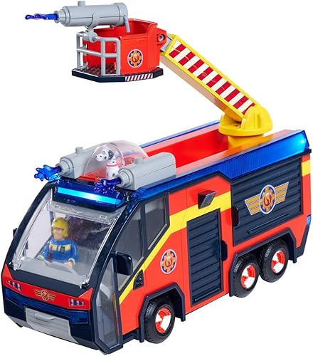 SIMBA 109252595 Feuerwehrmann Jupiter, Feuerwehrauto, Sam und Radar Figur, Leuchteffekte, Sirene, Drehleiter, Wasserpfeile, Plattform für Quad, 32cm, Zubehör, ab 3 Jahren, Rot - Kaedas