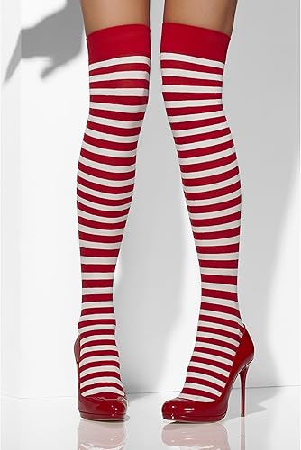 Smiffys Blickdichte halterlose Strümpfe, Rot & Weiß, Gestreift - Kaedas
