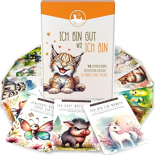 MINITALES 48 Affirmationskarten Kinder | Ich bin gut, wie Ich bin | Selbstbewusstsein stärken, Achtsamkeit & Resilienz | Gefühlskarten für Kinder & Selbstliebe Karten | Mutmachkarten - Kaedas
