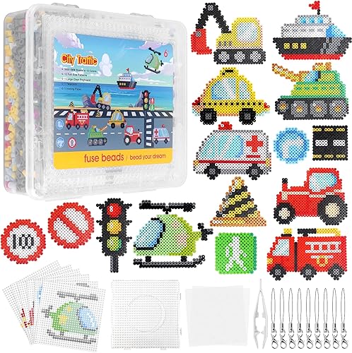 Homgaty 5000 Bügelperlen Vehicles Set, Steckperlen 5 mm Perlen mit Steckplatte, 18 Muster, Bügelpapier, Anhänger und Zubehör zum Basteln Handwerk für Kinder Geschenk (Vehicles, 5mm) - Kaedas