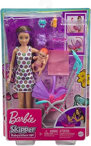 Barbie Skipper Babysitter Inc, Skipper mit braunen und lila Haaren, Baby, Kinderwagen, Babytrage, Zubehör, insgesamt 2 Puppen, Geschenk für Kinder, Spielzeug ab 3 Jahre,GXT34 - Kaedas