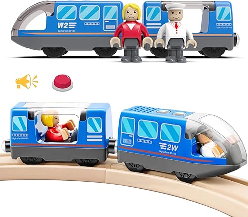 LiRiQi Eisenbahn elektrische lok Holzeisenbahn Zug, Batteriebetriebener Lokomotivzug, Leistungsstarker Motorzug kompatibel mit Thomas, Brio, Spielzeug für Kinder Kleinkind Junge, Blau - Kaedas