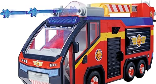 SIMBA 109252595 Feuerwehrmann Jupiter, Feuerwehrauto, Sam und Radar Figur, Leuchteffekte, Sirene, Drehleiter, Wasserpfeile, Plattform für Quad, 32cm, Zubehör, ab 3 Jahren, Rot - Kaedas