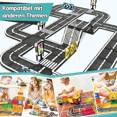 BuzzoXerex Magnetische Bausteine Straßenset, 50PCS Magnetische Fliesen Stadtstraßen, Magnetbausteine Straßenaufsatz-Set Lernaktivitäten Geschenk ab 3 4 5 Jahre - Kaedas
