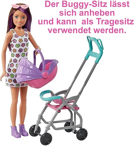 Barbie Skipper Babysitter Inc, Skipper mit braunen und lila Haaren, Baby, Kinderwagen, Babytrage, Zubehör, insgesamt 2 Puppen, Geschenk für Kinder, Spielzeug ab 3 Jahre,GXT34 - Kaedas