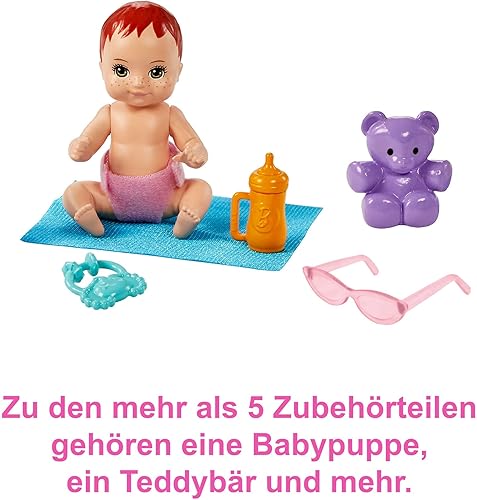 Barbie Skipper Babysitter Inc, Skipper mit braunen und lila Haaren, Baby, Kinderwagen, Babytrage, Zubehör, insgesamt 2 Puppen, Geschenk für Kinder, Spielzeug ab 3 Jahre,GXT34 - Kaedas
