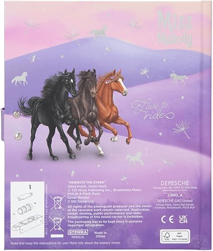 Depesche 12052 Miss Melody - Tagebuch mit Zahlen-Code und Sound in Violett, Buch mit Pferde-Motiv und 80 linierten, bunt illustrierten Seiten, ca. 18 x 15 x 3,5 cm - Kaedas