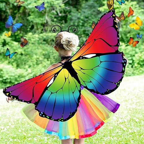 Kinwers Schmetterling Kostüm Kinder,4 Stück Kostüm Schmetterling Kinder Mädchen Schmetterlingsflügel mit Maske Haarreif Gazerock,Halloween Kostüm Karneval Fasching Cosplay - Kaedas