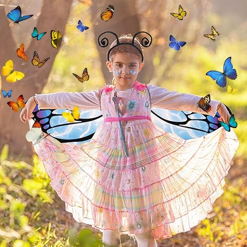 Kinwers Schmetterling Kostüm Kinder,4 Stück Kostüm Schmetterling Kinder Mädchen Schmetterlingsflügel mit Maske Haarreif Gazerock,Halloween Kostüm Karneval Fasching Cosplay - Kaedas