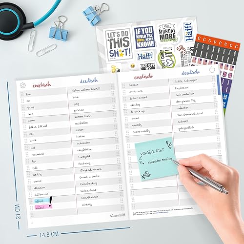 2 x Englisch Vokabelheft A5 mit 2 Spalten by Häfft | liniert 64 Seiten | mit Sprüchen, Infos zu Kultur und Umgangssprache, Grammatik, Lernkontrollsystem, Stickern u.v.m - Kaedas