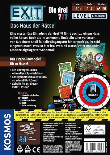 KOSMOS 694043 EXIT - Das Spiel - Das Haus der Rätsel - Die DREI???, Level: Einsteiger, Escape Room Spiel, Die DREI Fragezeichen, EXIT Game für 1-4 Spieler ab 10 Jahre - Kaedas