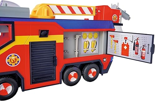SIMBA 109252595 Feuerwehrmann Jupiter, Feuerwehrauto, Sam und Radar Figur, Leuchteffekte, Sirene, Drehleiter, Wasserpfeile, Plattform für Quad, 32cm, Zubehör, ab 3 Jahren, Rot - Kaedas