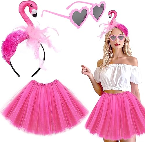 Sunshine smile Flamingo Kostüm Damen,Flamingo Haarreif,Flamingo Brille,Flamingo Tüllrock,Rosa Tüllrock Tutu Rock für Hawaii Kostüm Flamingo Party Karneval Mottoparty Fasching Kostüm Accessoires - Kaedas