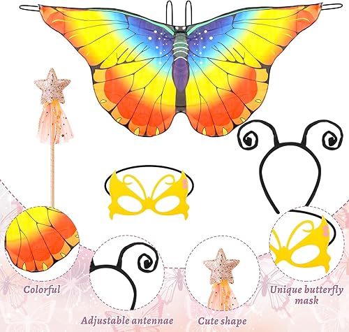 Kinwers Schmetterling Kostüm Kinder,4 Stück Kostüm Schmetterling Kinder Mädchen Schmetterlingsflügel mit Maske Haarreif Gazerock,Halloween Kostüm Karneval Fasching Cosplay - Kaedas