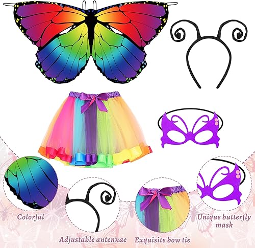 Kinwers Schmetterling Kostüm Kinder,4 Stück Kostüm Schmetterling Kinder Mädchen Schmetterlingsflügel mit Maske Haarreif Gazerock,Halloween Kostüm Karneval Fasching Cosplay - Kaedas
