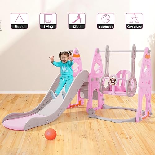 Rutsche Indoor ab 1 2 3 4 5 Jahr, 4-in-1-Kleinkindspielplatz mit Schaukel, Baby Rutsche Kinderzimmer, Gartenrutsche für Kleinkin für drinnen und draußen, Jungen und Mädchen, Hinterhof-Spielsets (Rosa) - Kaedas