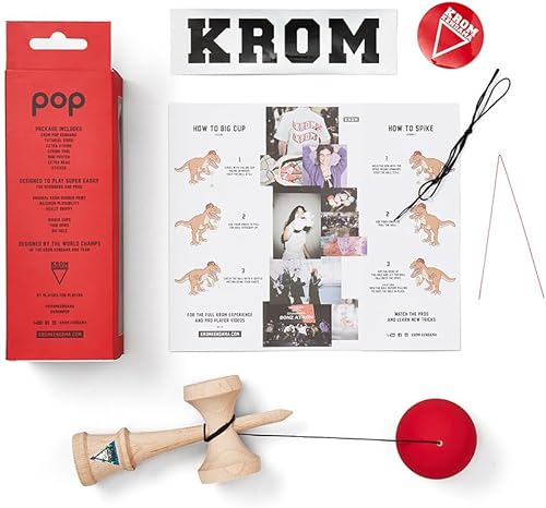 KROM Kendama POP Rubber Rot - aus zertifiziertem Buchenholz - Hohe Holzqualität - Für Anfänger und Profis - Pack : Ersatzschnur + Stickers - Kaedas