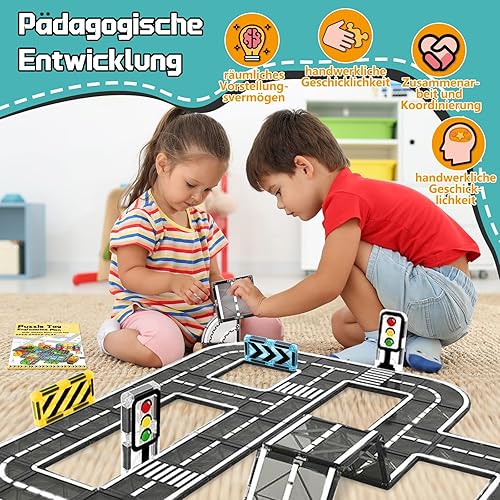 BuzzoXerex Magnetische Bausteine Straßenset, 50PCS Magnetische Fliesen Stadtstraßen, Magnetbausteine Straßenaufsatz-Set Lernaktivitäten Geschenk ab 3 4 5 Jahre - Kaedas