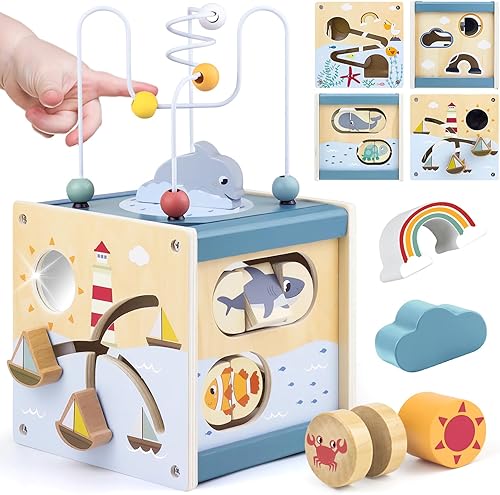 Airlab Motorikwürfel Aktivitätswürfel aus Holz, Motorikspielzeug Holzspielzeug ab 1 Jahr, Montessori Activity Center Lernspielzeug Geschenk für Kleinkinder Baby - Kaedas