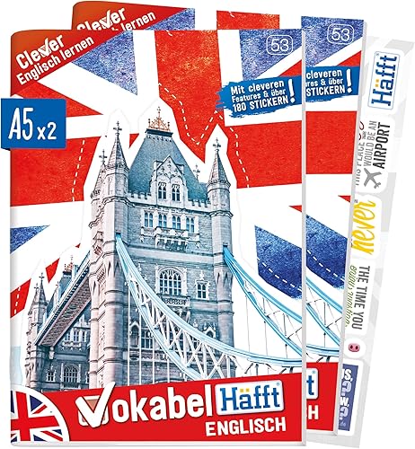 2 x Englisch Vokabelheft A5 mit 2 Spalten by Häfft | liniert 64 Seiten | mit Sprüchen, Infos zu Kultur und Umgangssprache, Grammatik, Lernkontrollsystem, Stickern u.v.m - Kaedas