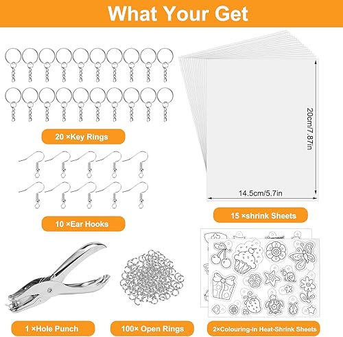 148 Stück Schrumpffolien Set,Schrumpffolie Set Schlüsselanhänger 15 Blätter 20 x14.5 cm Schrumpffolie Zum Basteln, Locher,Ohrhaken,Schlüsselanhänger,Verschluss, für Kinder Kreativer DIY-Bastelarbeiten - Kaedas