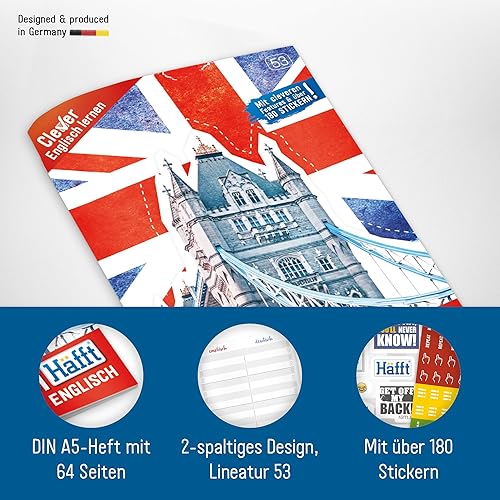 2 x Englisch Vokabelheft A5 mit 2 Spalten by Häfft | liniert 64 Seiten | mit Sprüchen, Infos zu Kultur und Umgangssprache, Grammatik, Lernkontrollsystem, Stickern u.v.m - Kaedas