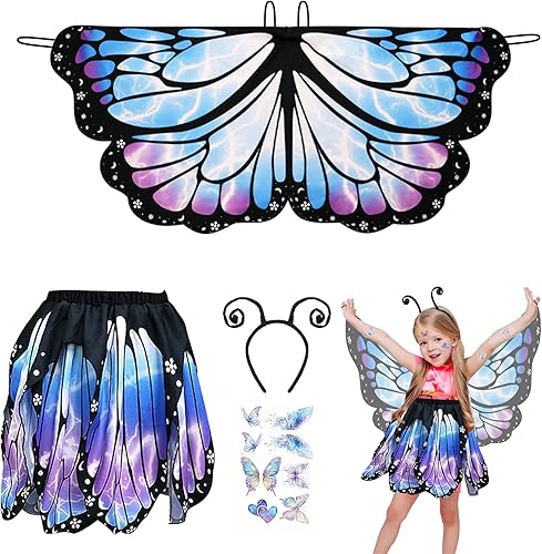 Kinwers Schmetterling Kostüm Kinder,4 Stück Kostüm Schmetterling Kinder Mädchen Schmetterlingsflügel mit Maske Haarreif Gazerock,Halloween Kostüm Karneval Fasching Cosplay - Kaedas