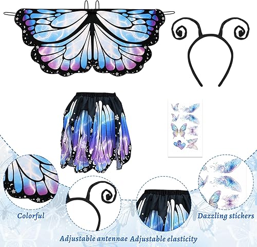 Kinwers Schmetterling Kostüm Kinder,4 Stück Kostüm Schmetterling Kinder Mädchen Schmetterlingsflügel mit Maske Haarreif Gazerock,Halloween Kostüm Karneval Fasching Cosplay - Kaedas