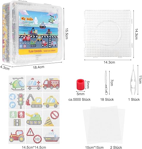 Homgaty 5000 Bügelperlen Vehicles Set, Steckperlen 5 mm Perlen mit Steckplatte, 18 Muster, Bügelpapier, Anhänger und Zubehör zum Basteln Handwerk für Kinder Geschenk (Vehicles, 5mm) - Kaedas