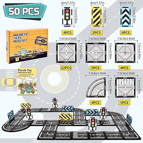 BuzzoXerex Magnetische Bausteine Straßenset, 50PCS Magnetische Fliesen Stadtstraßen, Magnetbausteine Straßenaufsatz-Set Lernaktivitäten Geschenk ab 3 4 5 Jahre - Kaedas