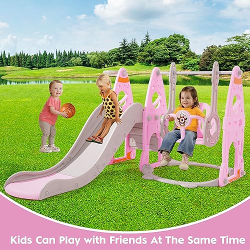 Rutsche Indoor ab 1 2 3 4 5 Jahr, 4-in-1-Kleinkindspielplatz mit Schaukel, Baby Rutsche Kinderzimmer, Gartenrutsche für Kleinkin für drinnen und draußen, Jungen und Mädchen, Hinterhof-Spielsets (Rosa) - Kaedas