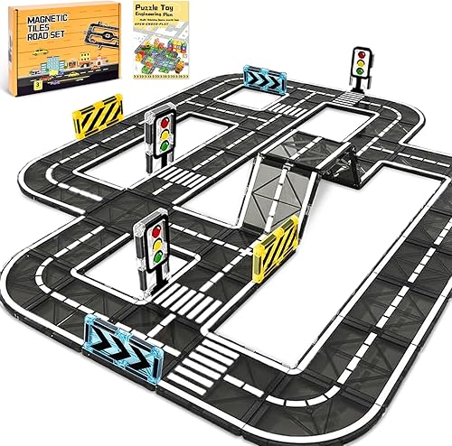 BuzzoXerex Magnetische Bausteine Straßenset, 50PCS Magnetische Fliesen Stadtstraßen, Magnetbausteine Straßenaufsatz-Set Lernaktivitäten Geschenk ab 3 4 5 Jahre - Kaedas