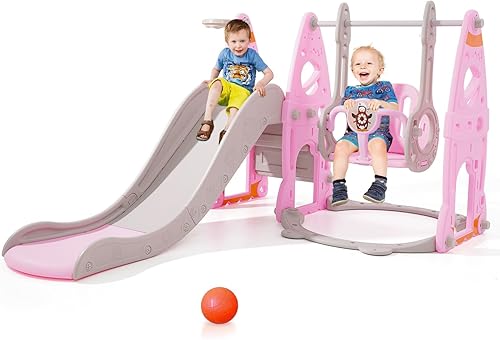Rutsche Indoor ab 1 2 3 4 5 Jahr, 4-in-1-Kleinkindspielplatz mit Schaukel, Baby Rutsche Kinderzimmer, Gartenrutsche für Kleinkin für drinnen und draußen, Jungen und Mädchen, Hinterhof-Spielsets (Rosa) - Kaedas