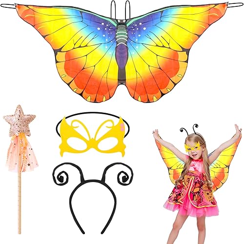 Kinwers Schmetterling Kostüm Kinder,4 Stück Kostüm Schmetterling Kinder Mädchen Schmetterlingsflügel mit Maske Haarreif Gazerock,Halloween Kostüm Karneval Fasching Cosplay - Kaedas